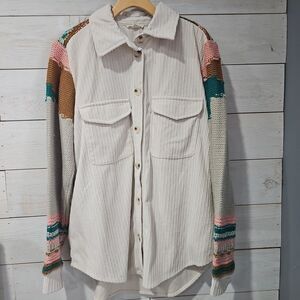 Easel Button Down Shacket Corduroy Knit Patchwork Sleeves Oversized Size L Boho